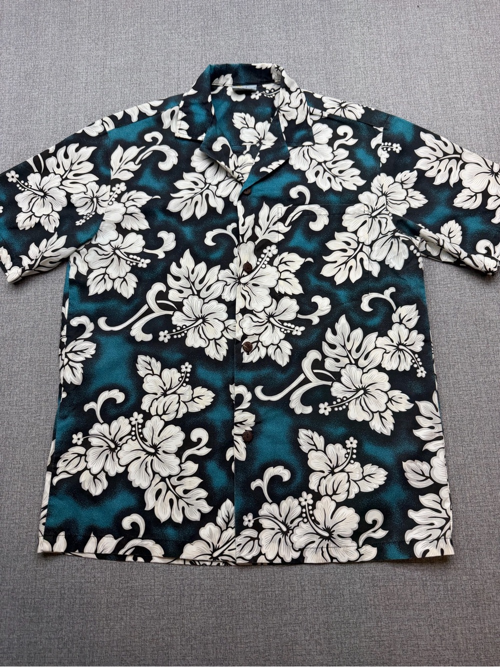 VINTAGE Royal Creations Hawaii Men's Teal Black Hibiscus Hawaiian Aloha Shirt